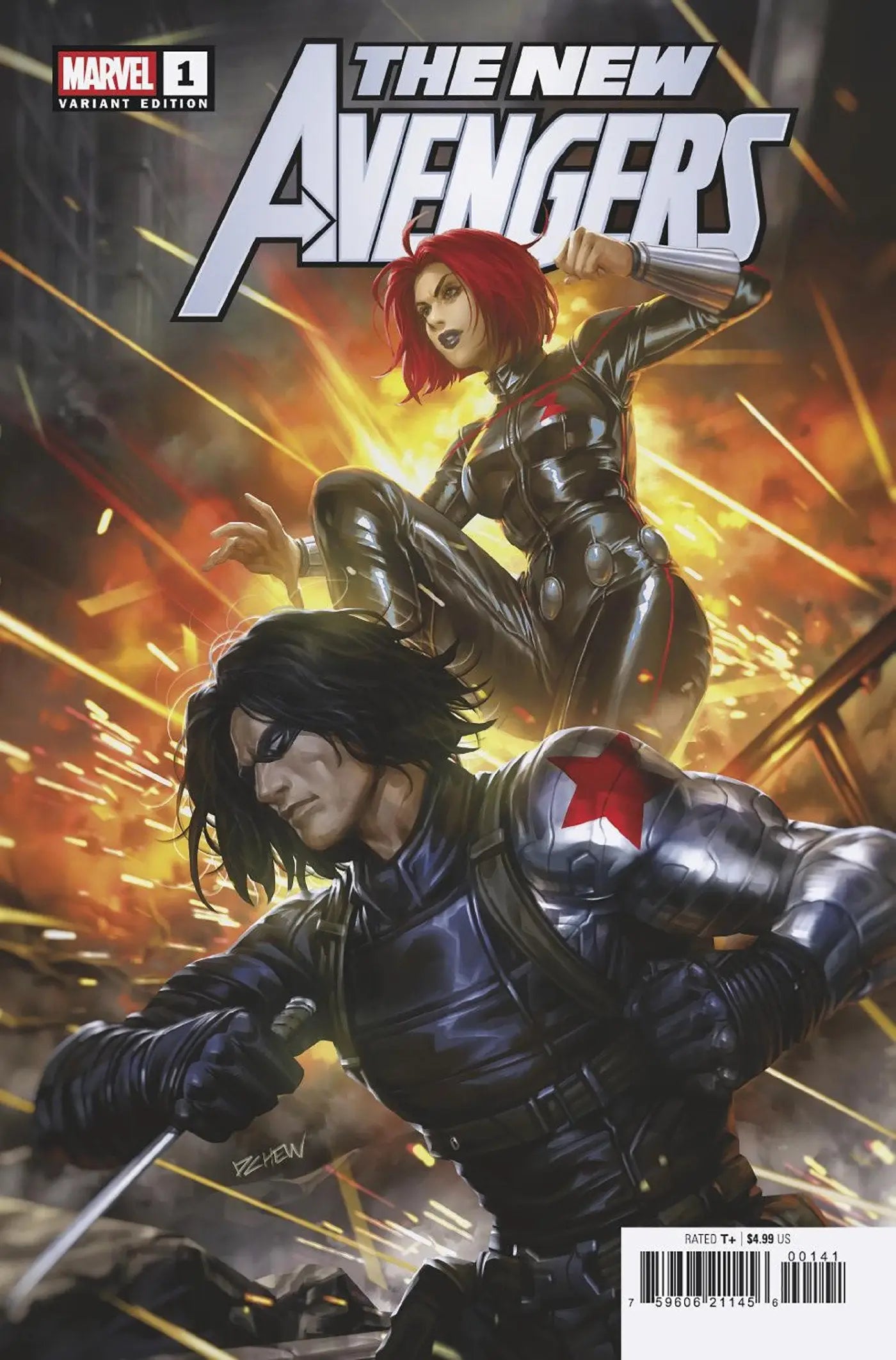Comic book cover of New Avengers #1 featuring Black Widow and Winter Soldier Variant A