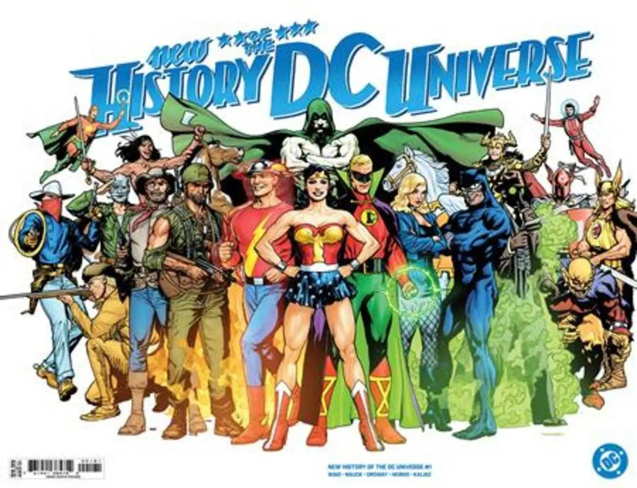 DC Comics character lineup from New History Of The DC Universe #1 Cover E Ryan Sook Wraparound foil variant