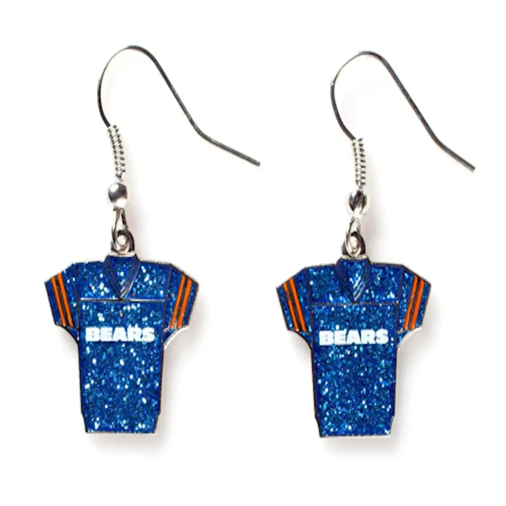 Blue glitter jersey earrings with BEARS logo for NFL team fans