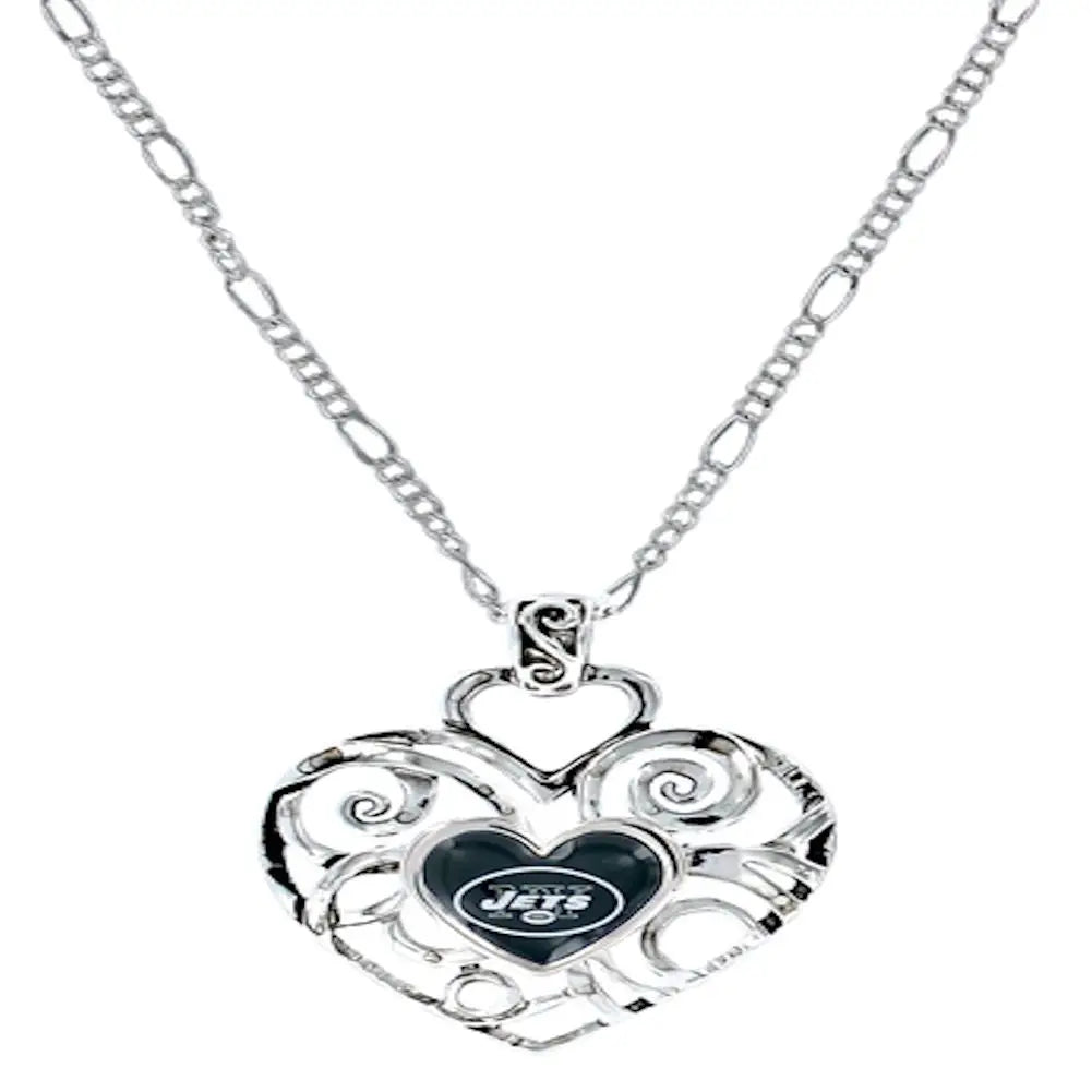 Silver heart-shaped pendant with Ivy design and New York Jets team logo in center