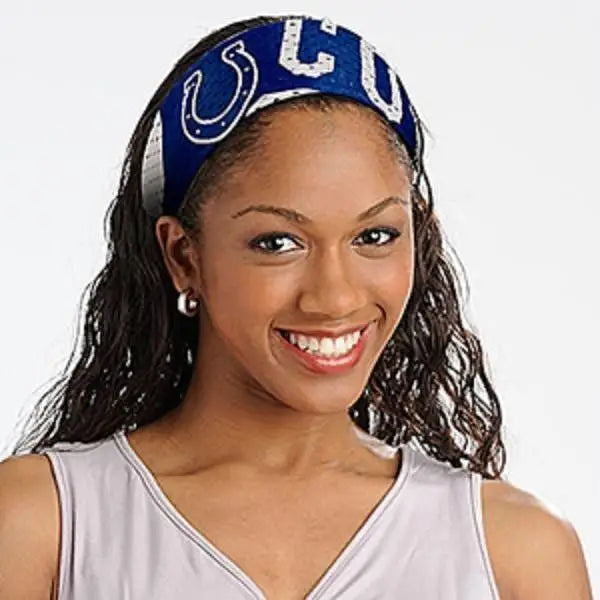 Smiling woman with curly hair wearing COLTS head band from NFL Jersey Fanbands