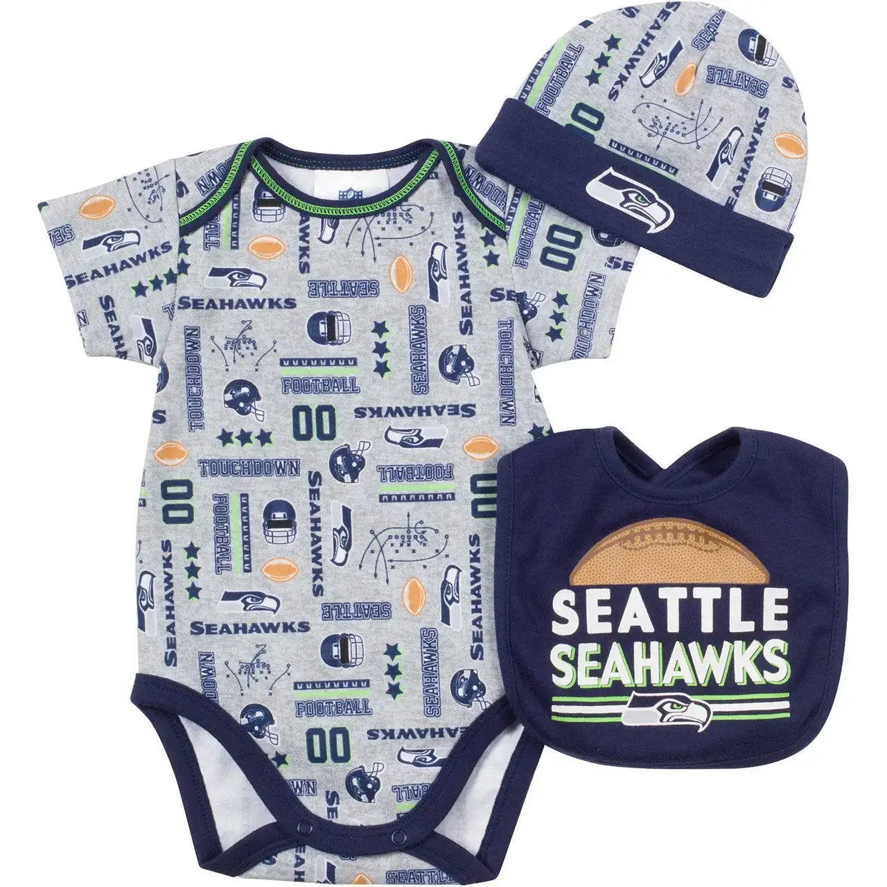 NFL Seattle Seahawks Bodysuit Bib & Hat Set Infant/Toddler Choose Your Size - Seattle Seahawks - Apparel