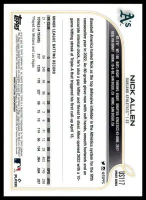 Nick Allen Rookie 2022 Topps Update #US117 Oakland Athletics - Baseball Card Single