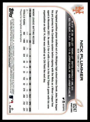 Nick Plummer Rookie 2022 Topps Update #US247 New York Mets - Baseball Card Single