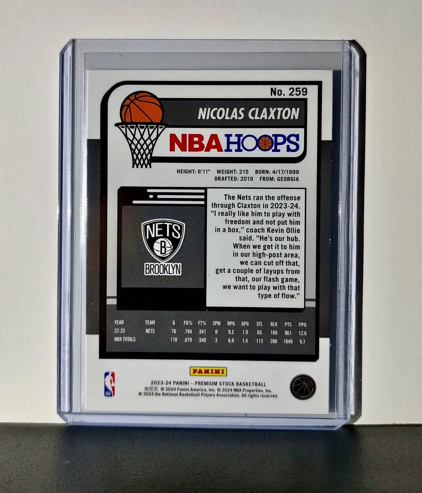 Nicolas Claxton 2023-24 Panini Premium Stock NBA Hoops #259 Card Brooklyn Nets