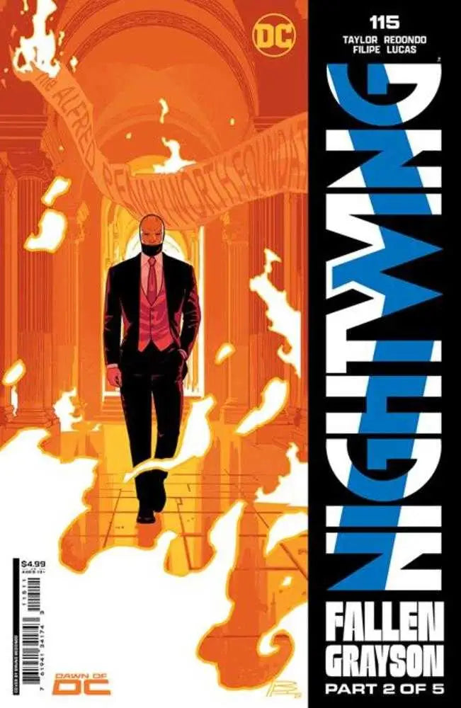 Nightwing #115 Cover A Bruno Redondo features a silhouetted figure in flames