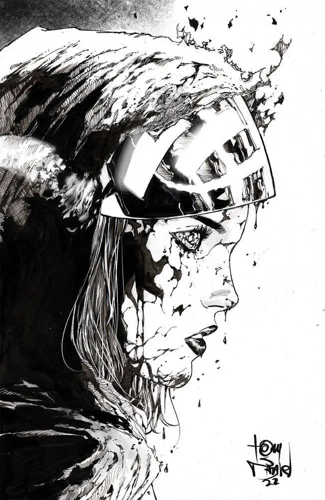 Black and white sketch of a helmeted figure for Nocterra #14 trading card cover