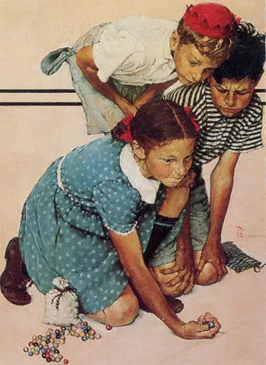 Three children playing marbles on the floor featured in Norman Rockwell promo card