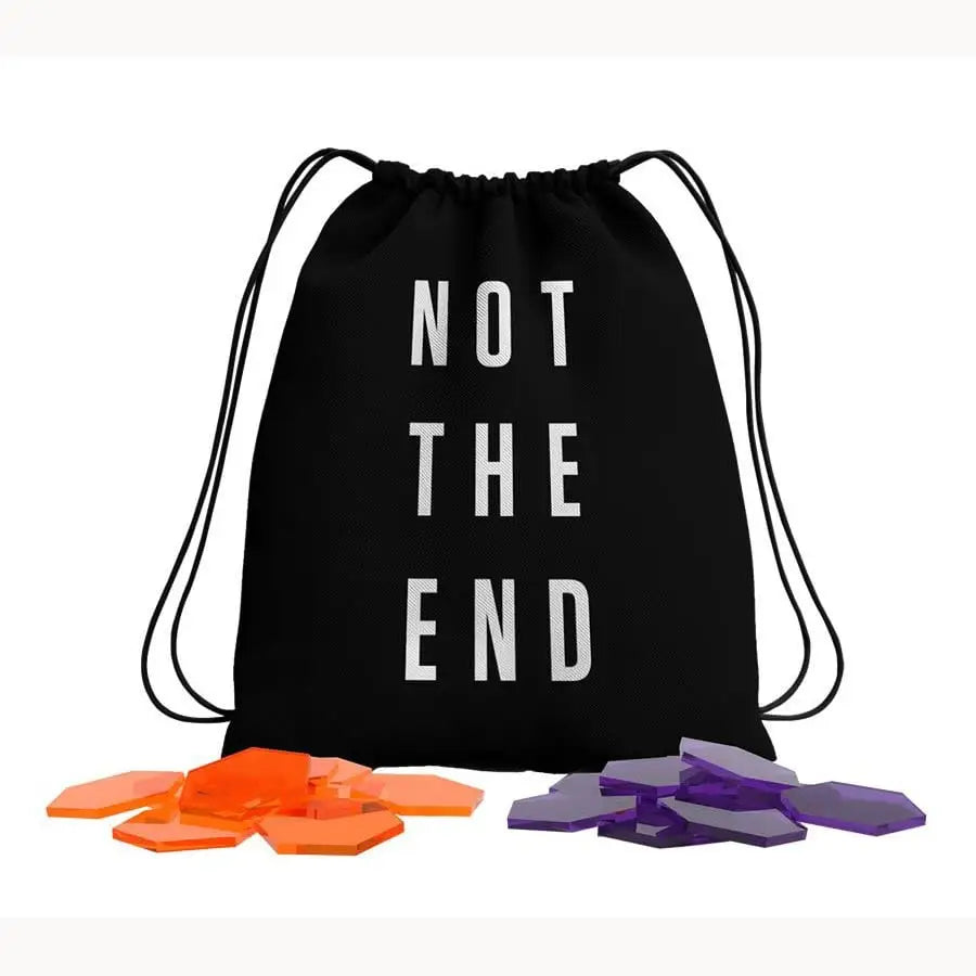 Black drawstring bag with orange and purple end RPG tokens from the Not The End RPG Tokens Set