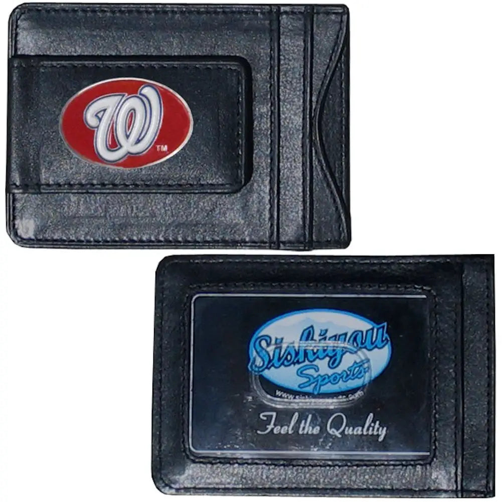 Black leather money clip wallet featuring MLB team logos for baseball cards and trading cards