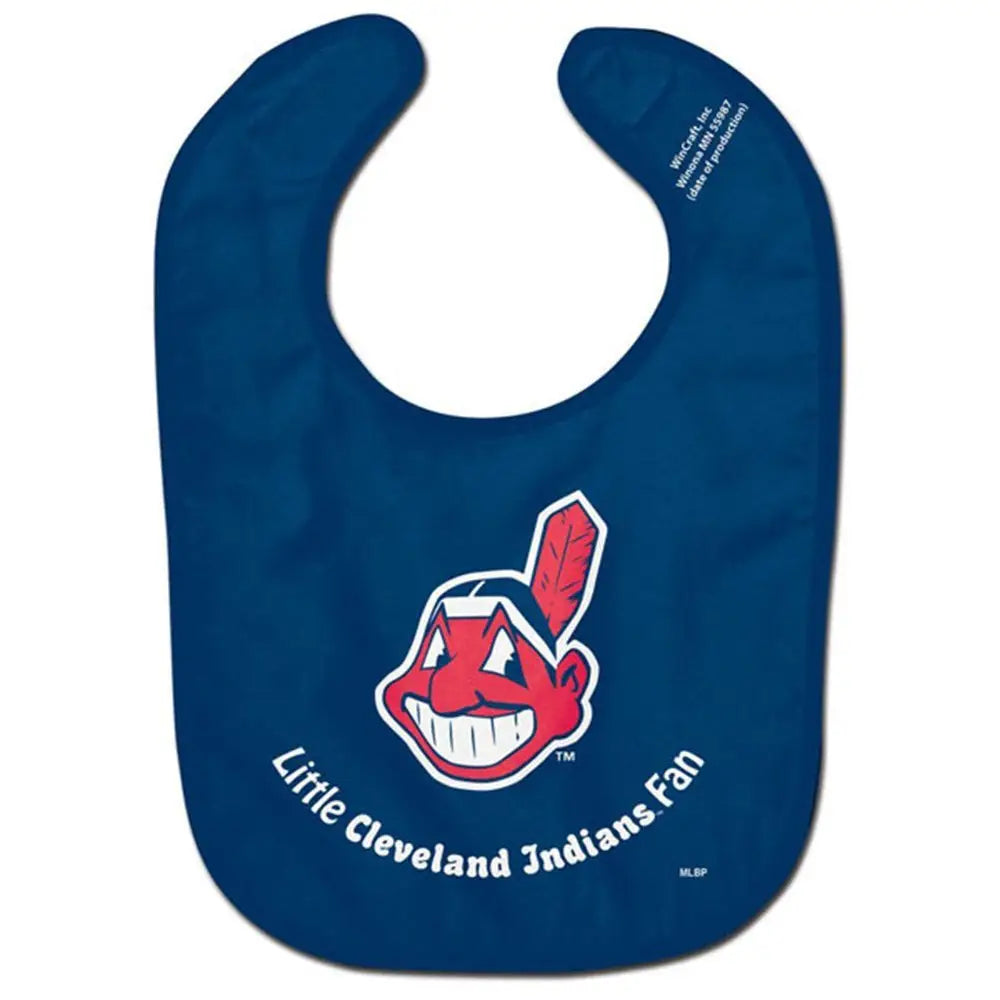 Blue baby bib featuring Cleveland Indians logo for MLB fans and baseball card collectors