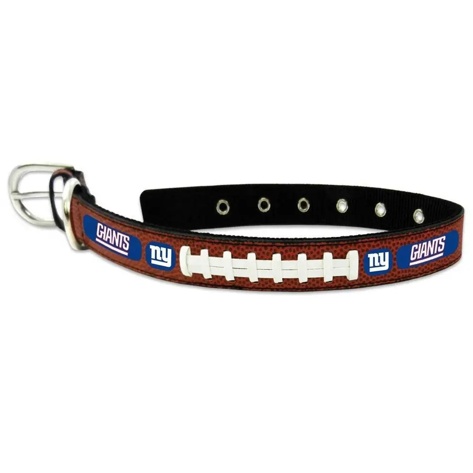 Officially licensed New York Giants leather pet collar with team logos and lacing design