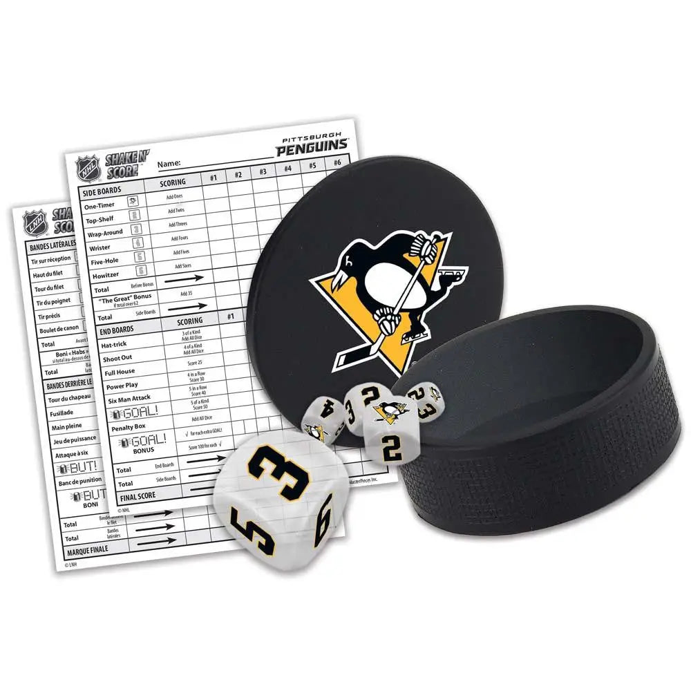 Hockey puck with Pittsburgh Penguins logo, dice, and scoresheet for NHL Shake n Score