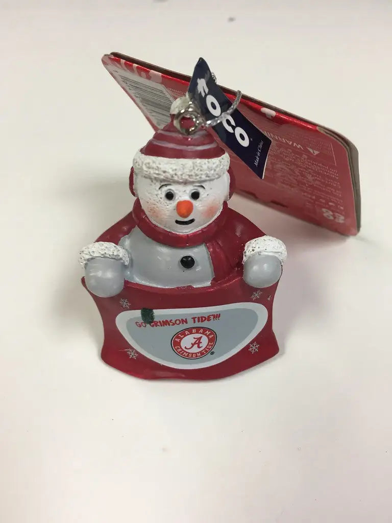 Snowman-shaped ornament in Alabama Crimson Tide colors, officially licensed NCAA design