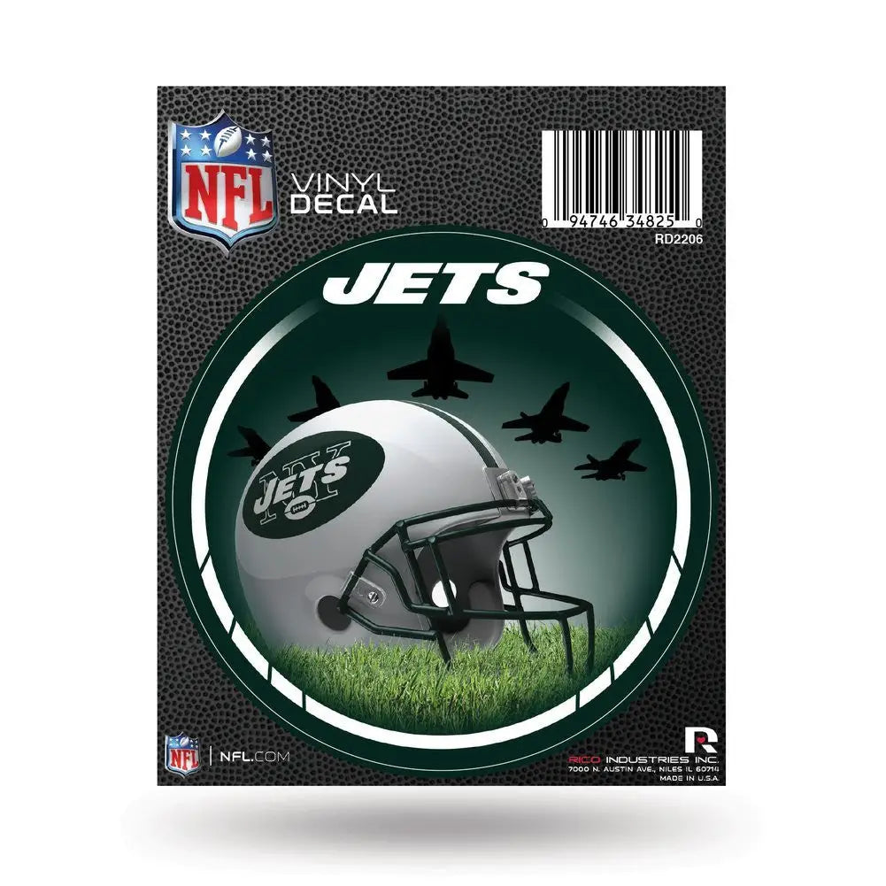Officially licensed NFL football vinyl sports decal featuring Jets helmet and fighter jets