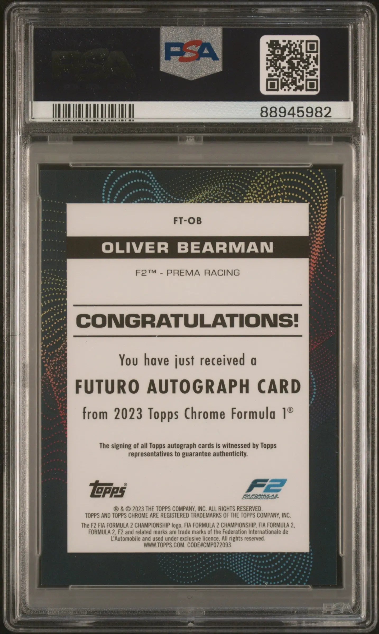 Oliver Bearman 2023 Topps Chrome Formula 1 Orange Autograph 21/25 PSA 9 10 Auto - Racing Card Single