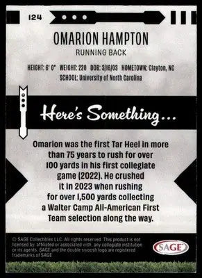 Omarion Hampton 2025 SAGE HIT Purple #124 North Carolina Tar Heels - Football Card Single