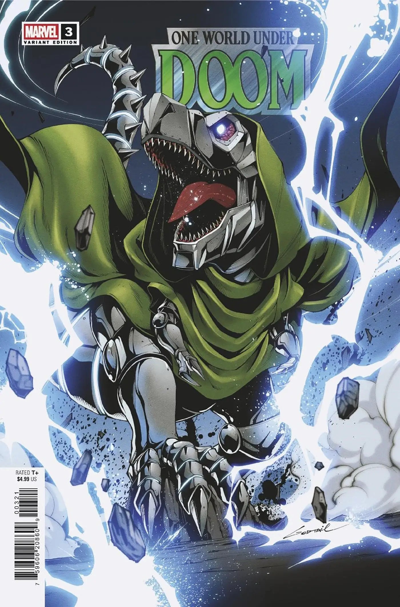 Comic book cover featuring Dinosaur-Headed Doctor Doom in the One World Under Doom #3 Godtail Doomasaur Variant