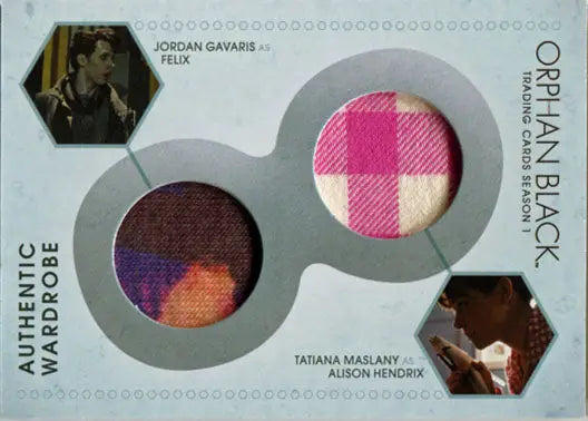 Dual-fabric swatch card with dark purple and pink check pattern from Orphan Black trading cards