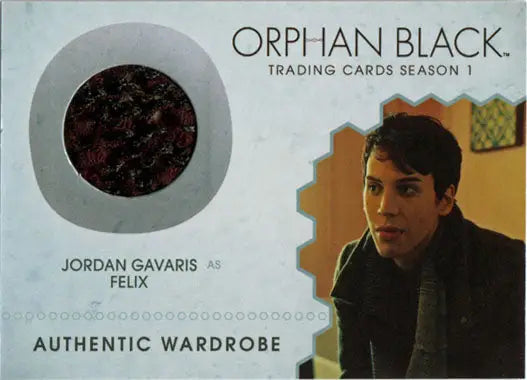 Orphan Black trading card featuring wardrobe swatch and Felix character image