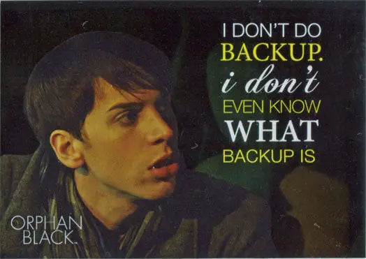 Promotional poster for Orphan Black featuring character face on silver foil chase card