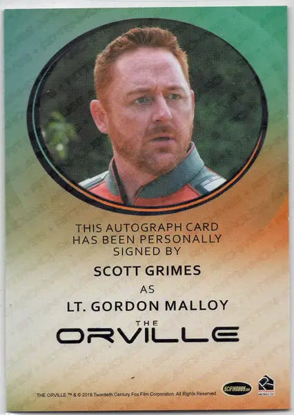 Collectible autograph card of Scott Grimes as Lt. Gordon Malloy from The Orville