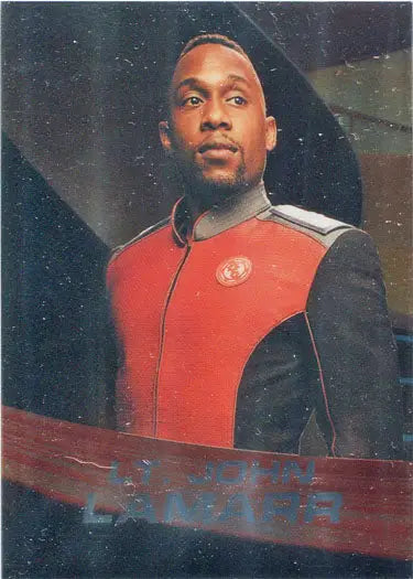 Man in red and black uniform with emblem from Orville Mirror Bridge Crew Parallel Card