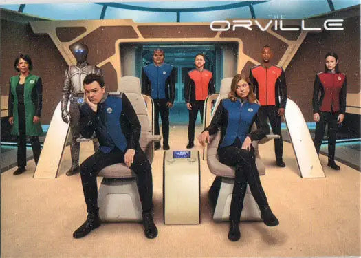 Cast of Orville Season in uniform on futuristic set for promo card design