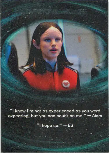 Portrait of a young woman in a red uniform featured on Orville trading card Q1