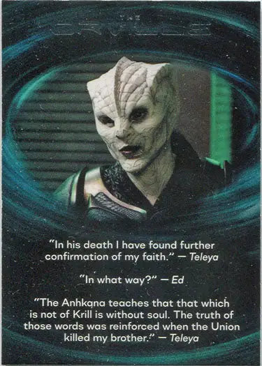 Alien-like humanoid creature with dark eyes on Orville Season 1 trading card Q7