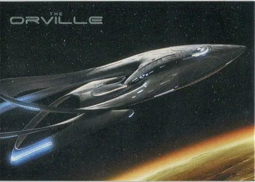 Sleek futuristic spacecraft with blue engines on Orville Season 1 trading card