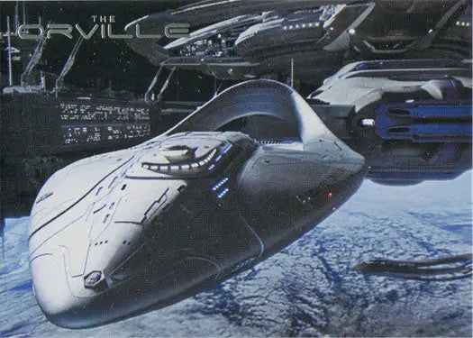 Sleek futuristic spacecraft with blue accents on Orville Season 1 trading card O6
