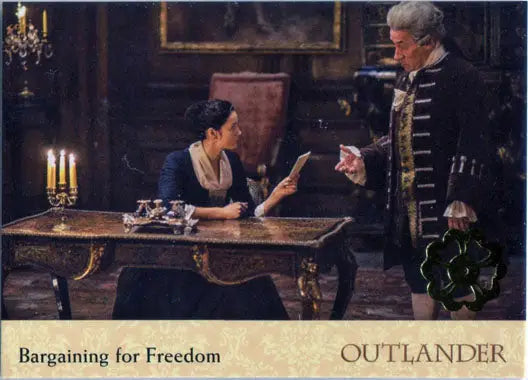 Trading card from Outlander Season 2 featuring characters at ornate desk, Gold Jacobite Seal