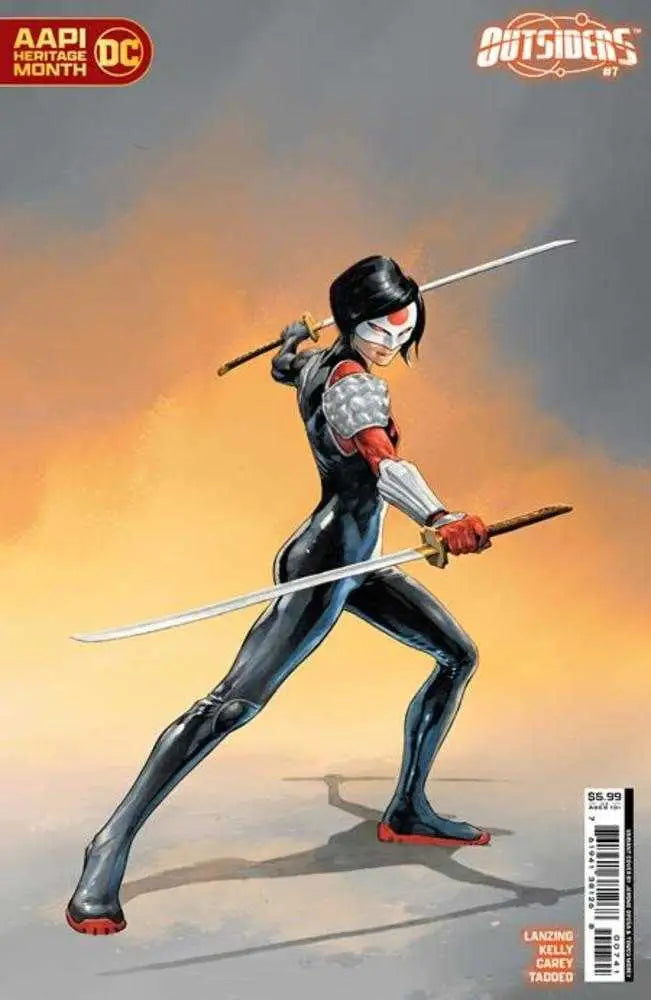 Masked warrior in black suit with dual katana swords on Outsiders #7 trading card