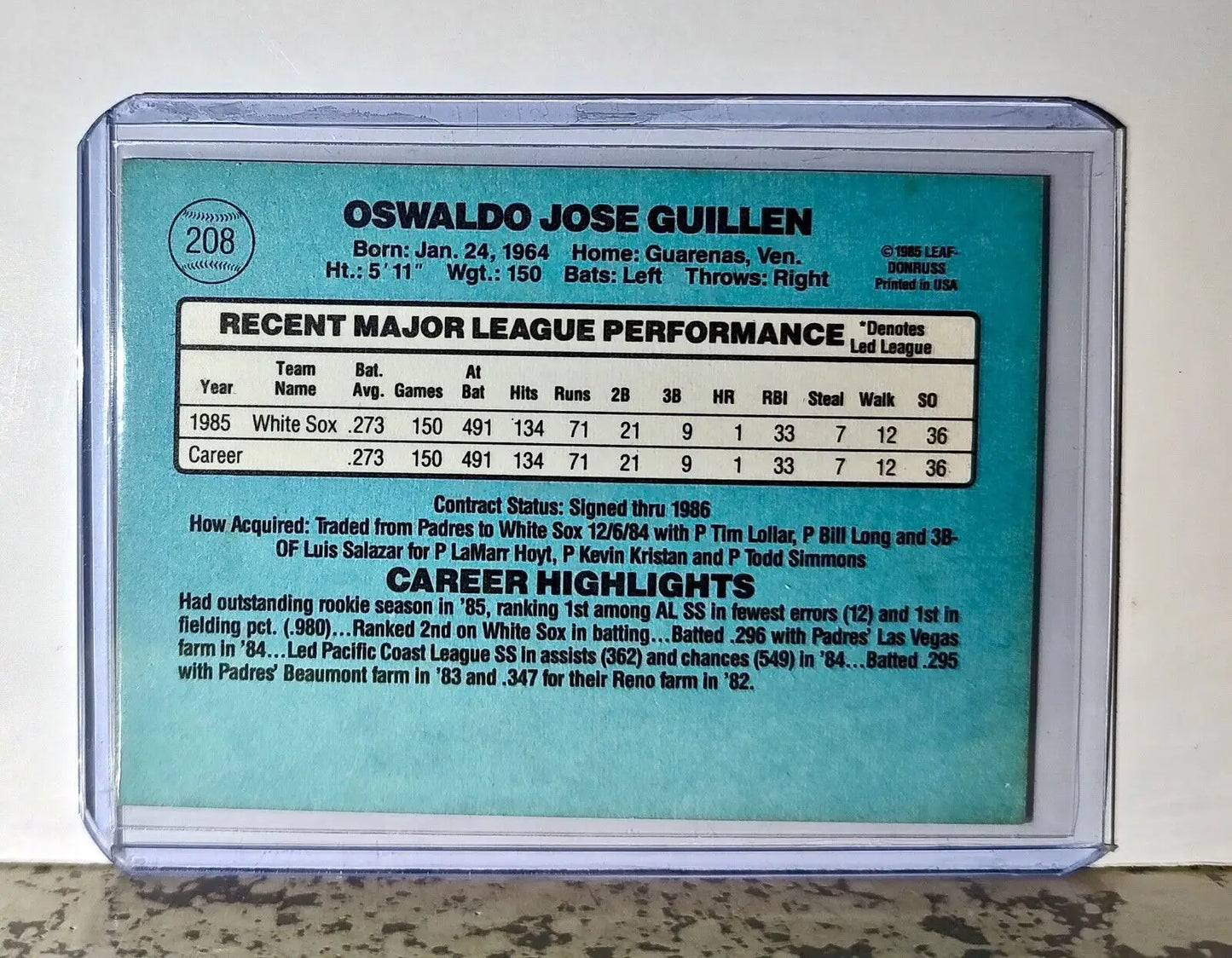 Ozzie Guillen 1986 Donruss MLB #208 Baseball Card Chicago White Sox - Baseball Card Single