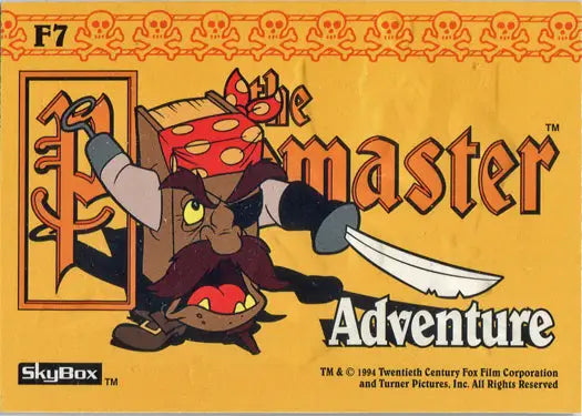 Cartoon pirate character with sword on Pagemaster Embossed Foil Chase Card F7 Adventure