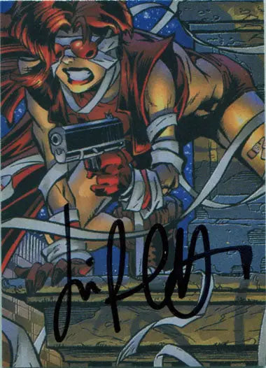 Futuristic warrior character with gun on Painkiller Jane Autograph Card by Jimmy Palmiotti