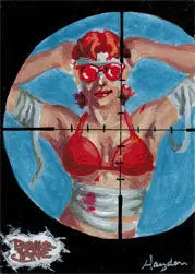 Figure in a red bikini top and mask seen through a lens in Hayden Davis sketch card