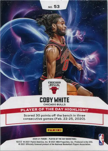 Basketball trading card of Coby White with cosmic background in Panini Player base card design