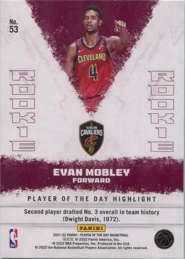Cleveland Cavaliers trading card of Evan Mobley in red jersey number 4 from Panini