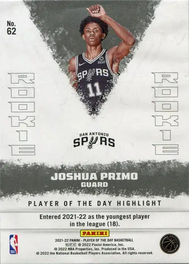 San Antonio Spurs trading card featuring Joshua Primo in black jersey number 11