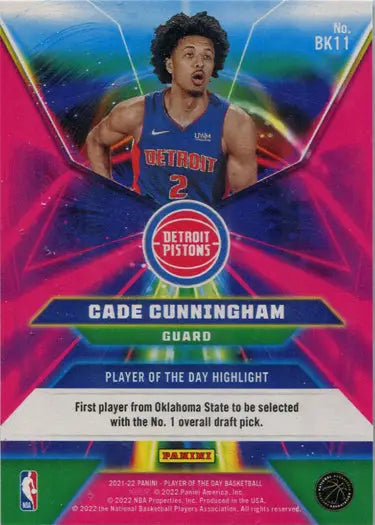 Colorful insert card featuring Detroit Pistons player Cade Cunningham in blue jersey