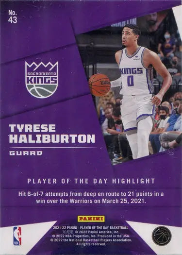 Basketball trading card of Tyrese Haliburton in white uniform, rainbow parallel design