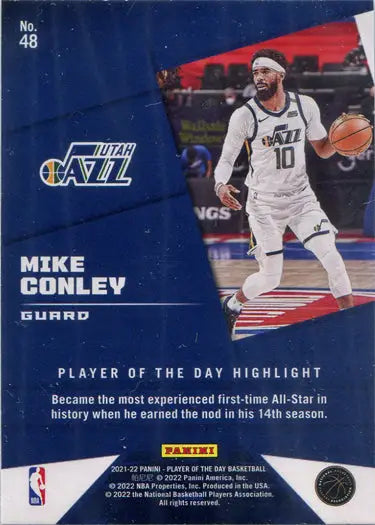 Utah Jazz player Mike Conley dribbling a ball on a Panini Rainbow Parallel trading card
