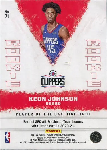 Basketball trading card of Keon Johnson in blue jersey, featuring rainbow parallel design