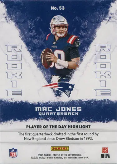 Football trading card of Mac Jones in throwing stance, part of Panini Player Of The Day Base Card collection