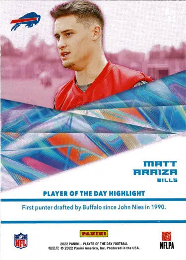 Panini Player Of The Day Football 2022 Base Card 53 Matt Araiza - Football Card Single