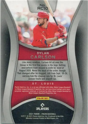 Baseball card of Dylan Carlson in red uniform, part of 2021 Rookie Class Insert
