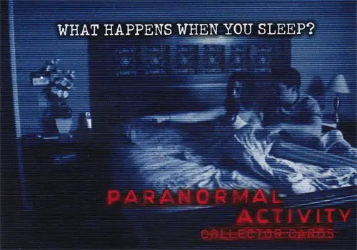 Paranormal Activity movie promo card featuring a dark bedroom scene and text overlay