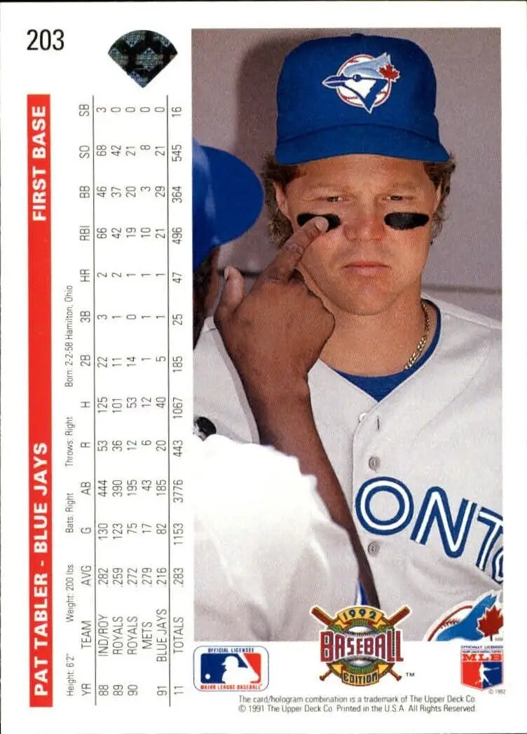 Pat Tabler 1992 Upper Deck MLB #203 Baseball Card Toronto Blue Jays - Baseball Card Single